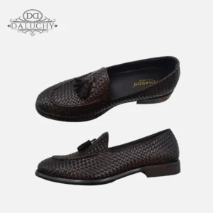 Brown Leather Woven Tassel Loafers